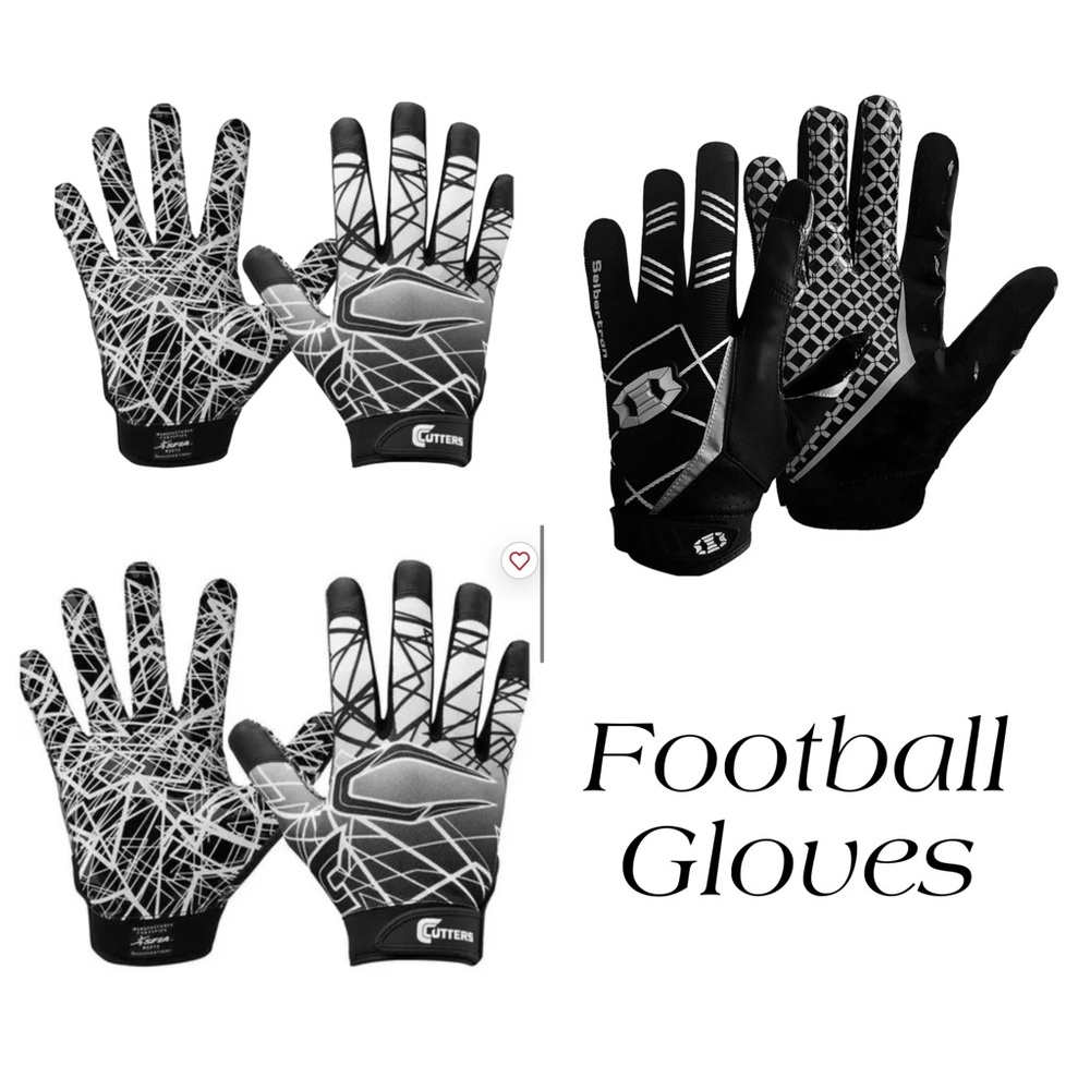 Three pairs Receiver Football Gloves 2 Cutters 1 Seibertron Sz M & chin strap